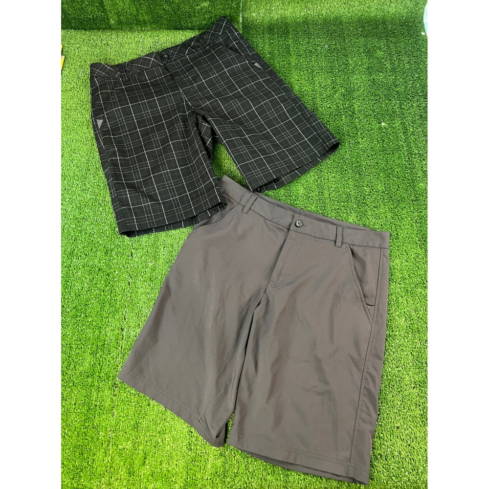 Lot of 2 FILA Sport Golf Shorts Mens 34 Black Plaid & Charcoal Grey Flat Front